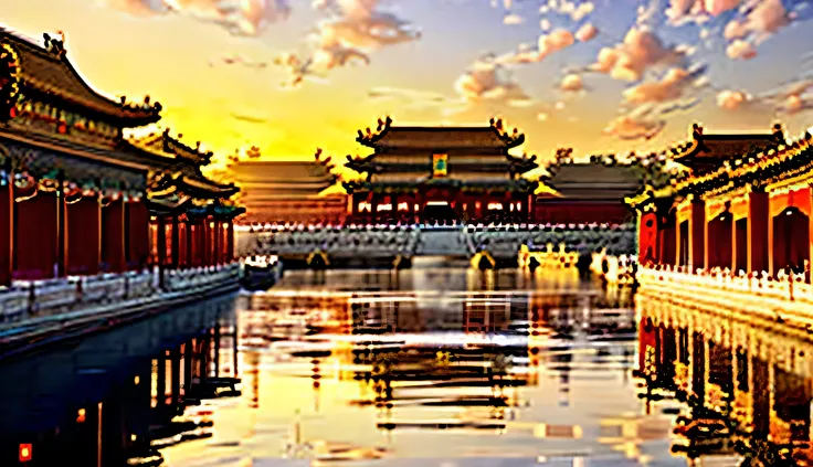 Forbidden City: Vividly depicts the magnificent Forbidden City in Beijing, China, Showcase its complex architecture, Ornate door and spacious courtyard, and evening sunset.