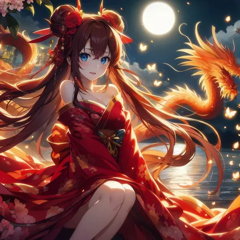 anime girl with long hair and red dress sitting on the ground, anime style 4k, anime art wallpaper 8k, anime art wallpaper 4k, a...