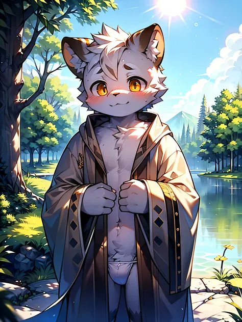 White Tiger, ((little boy)), (solo), cute, big golden eyes, black and white fur, smile, blush on the face, (muscular), (((wearing a brown bathrobe))), (white thong underwear), standing by the lake in the forest, at noon, bright sun, with many bubbles aroun...