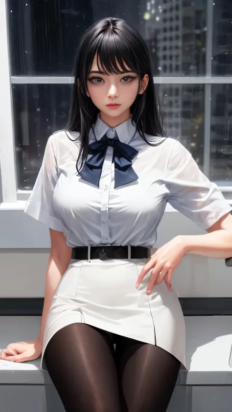 (Light underwear upper class elite secretary), Sente-se perto da janela，Outside the window is Manhattan Plaza，Outside the window is a Manhattan Plaza landmark，working in an office、 (Wear pantyhose)、(Cabelos longos)、 Use saltos altos、 (coxa e saia), Shirt s...