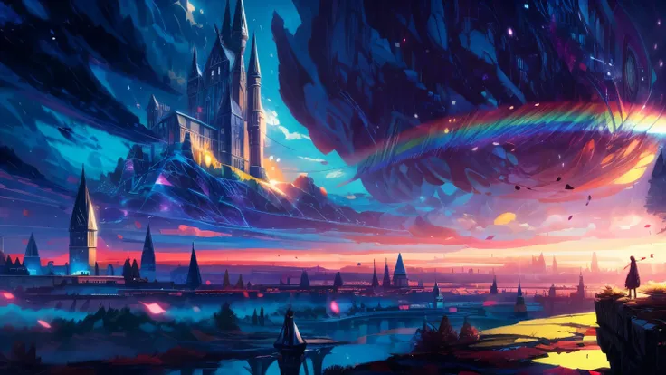 Hogwarts, girl, anime girl standing in big city looking at rainbow sky, by makoto shinkai cyril rolando, anime art wallpaper 4k, anime art wallpaper 4k, anime art wallpaper 8k. by Makoto Shinkai, cyril rolando-inspired artwork, by In the style of Dan Mumfo...