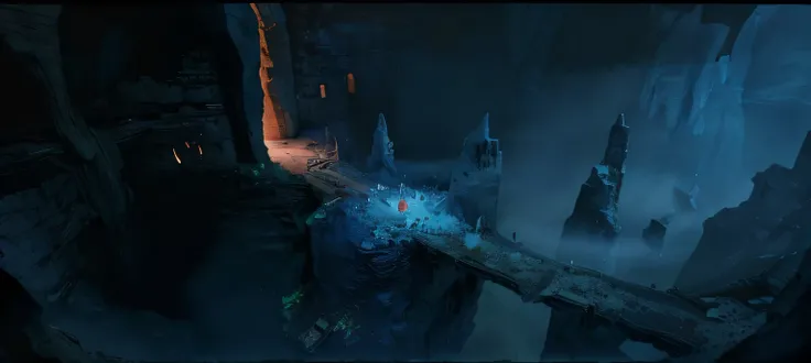 underground cave in blue tones, in the center there is a destroyed bridge, it leads to the entrance to the underground castle, superism, high detail