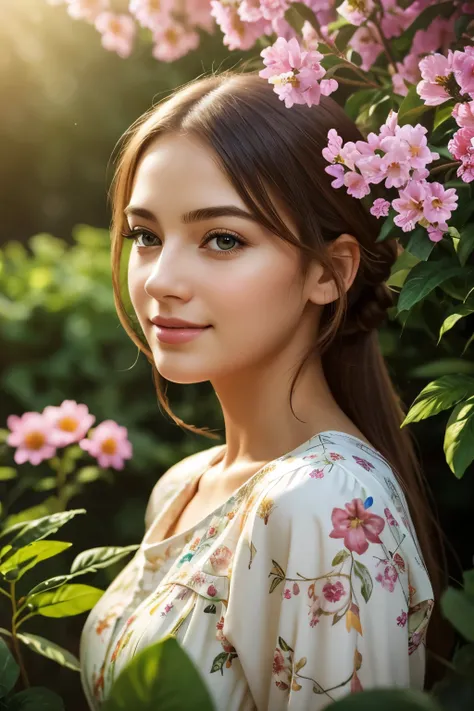 A girl in a garden,illustration,oil painting,highly detailed eyes and face,beautiful detailed lips,extremely detailed eyes and face,long eyelashes,natural beauty,peaceful smile,floral dress,standing gracefully,soft sunlight filtering through the trees,lush...