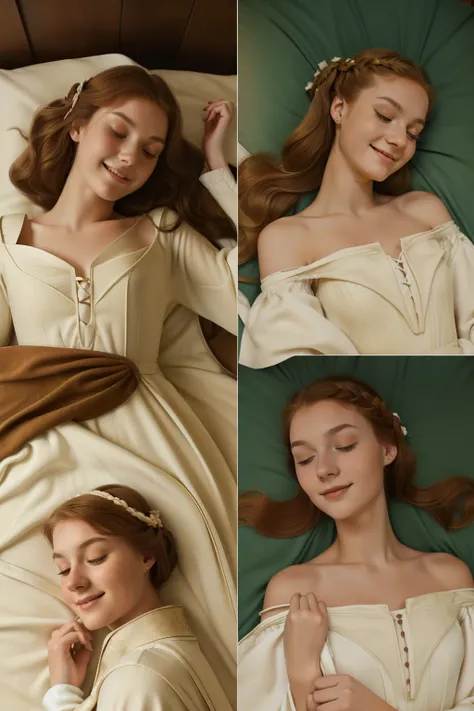 England, 1337. ((FLAT LAY)). A young ((((20-year-old)) Caris Wooler)), attractive, expressive eyes, laying in her bed with her eyes closed, ((happy expression)). ((((clothings from the 1300s, gown)))), ((light chestnut hairstyle of the 1300s))