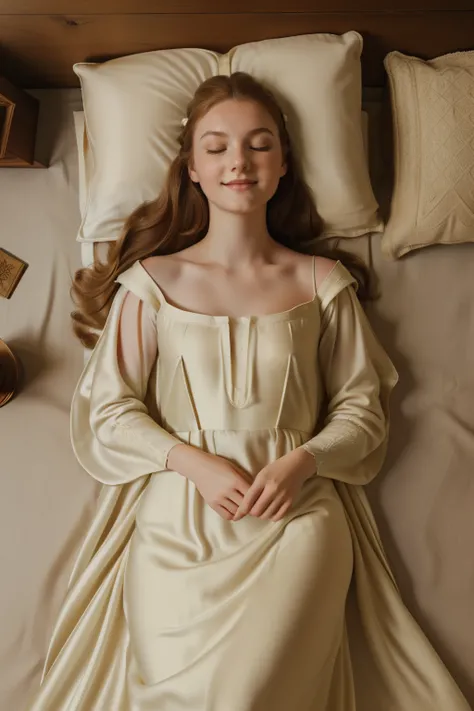 England, 1337. ((FLAT LAY)). A young ((((20-year-old)) Caris Wooler)), attractive, expressive eyes, laying in her bed with her eyes closed, ((happy expression)). ((((clothings from the 1300s, gown)))), ((light chestnut hairstyle of the 1300s))