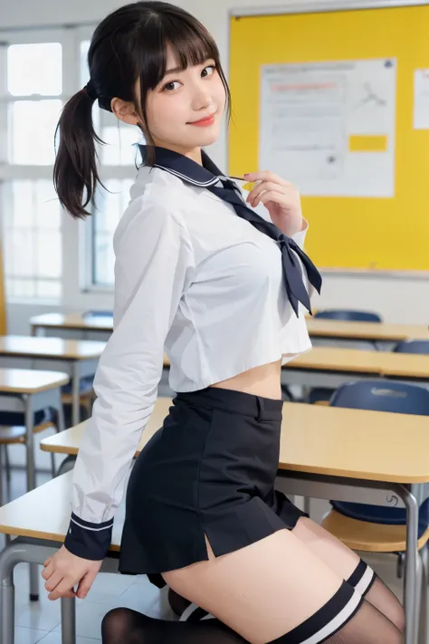 A girl standing in a school classroom,white sailor shirt and navy miniskirt,むちむちなthighs,18-year-old,bangs,a little smile,thighs,share,knees,short cut hair,ponytail,from below、Low - Angle、black knee highs