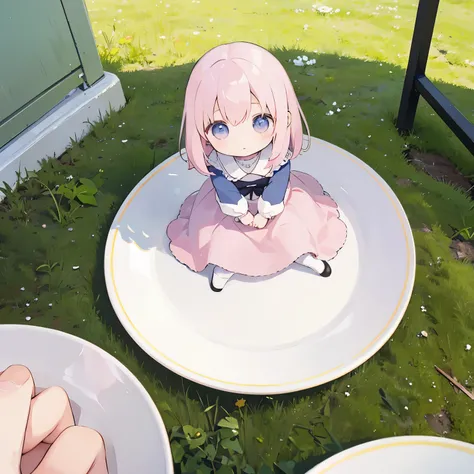 Photoreal、anime characters（chibi girl、shyness）a plate with