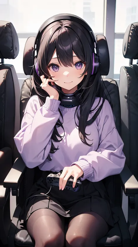 girl in front、Lilac sweater、Gray long skirt almost black、black tights、black hair、brown eyes、natural makeup、Sit in a chair and play a game、put black headphones on your head、Make your mouth smile、Have a game controller