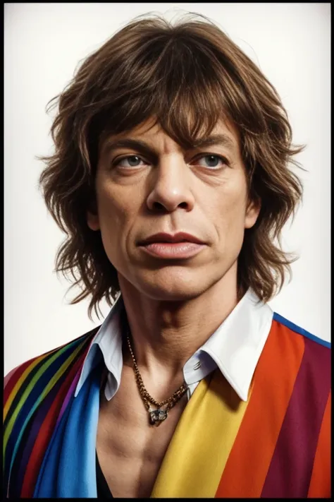 Color watercolor photo portrait,stylish MickJagger on a white background with a fixing collar,photorealism,64 thousand.,vibrant atmosphere,Detailed Drawing,bracelets,A high resolution,High detail,Retro poster,isometric 3D