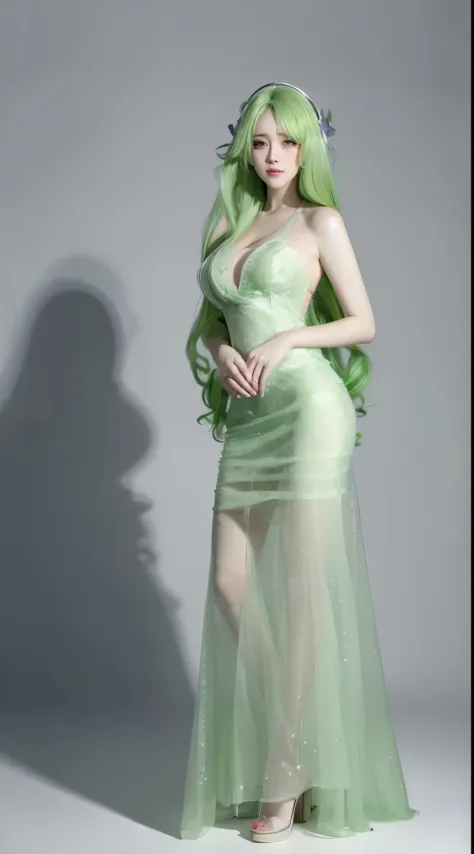 8k, Surreal, masterpiece, best quality, Super detailed, high resolution, random background, 1個Giant Breast Girl, (:1.5), Willow Yao, translucent dress，whole body，High heel，whole body，green hair，translucent wedding dress