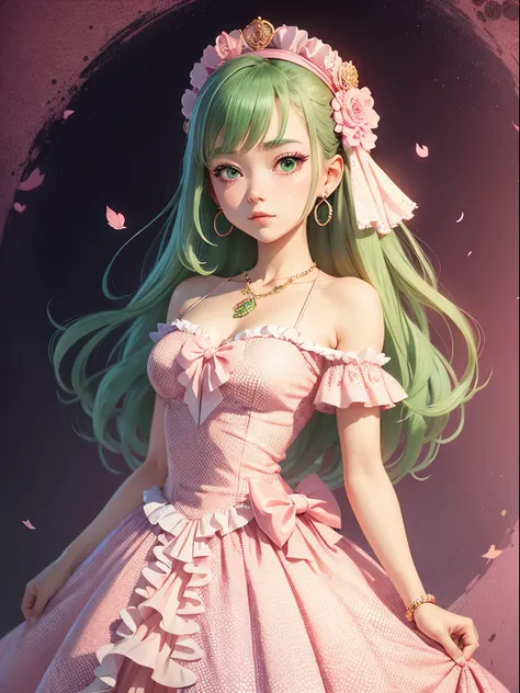 An anime-style girl in a pink dress with a green polka dot print, a lot of jewelry and rhinestones on the dress.lots of details,hyperdetalization,stylization,16k,poster