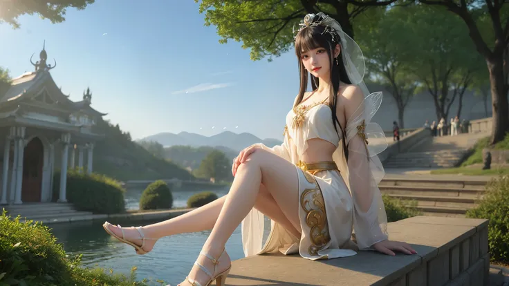 Moonlit landscape，The goddess in costume dressed in Han costume is unique。Her gorgeous costumes sparkle，The skirt swayed in the breeze，It looks elegant and dynamic。There was a playful look in her eyes，It is as if you are at one with this tranquil nature。 T...