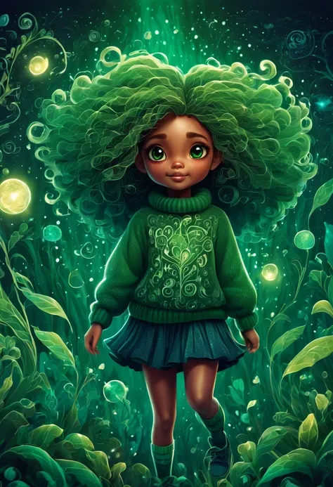 Create a detailed, high-resolution illustration of a magical, green-themed scene featuring a magical, cute girl. The girl should have exaggerated, huge, fluffy, and voluminous hair. She should be wearing a green sweater with zentangle lines and details, al...