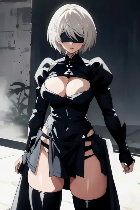 2b,big , full clothing,best quality, blind fold, skirt, blue eyes, master piece,perfect face, big hips, sexy, hot