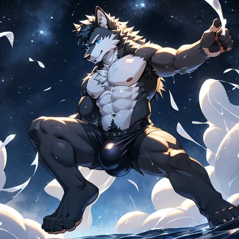 gray wolf、Completely nakedのオオカミ、silver mane、Body hair all over the body、Pure black pubic hair、jet black navel hair、jet black armpit hair、blue and dark blue eyes、huge bulge in the crotch、Crotch about to burst、Midnight background、Kicking pose、Pose with one a...