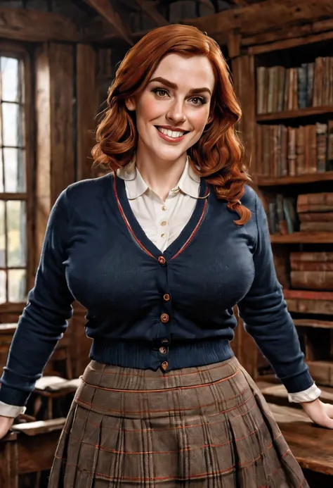 (photorealistic) a beautiful 30-year- old Scottish woman teaching in a vintage classroom, She has brownish-red hair, light skin and freckles. (black eyebrows:0.8), high cheekbones, brown eyes, downturned eyes. (smile:0.8), (voluptuous), massive breasts, sa...