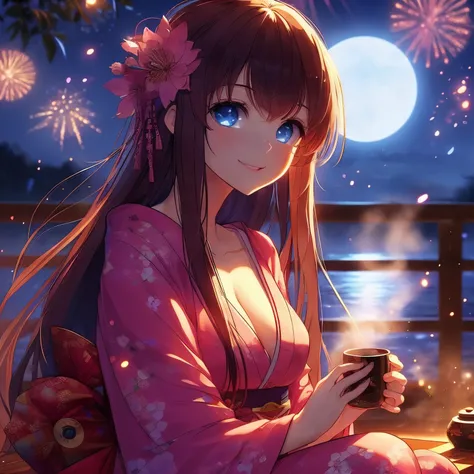 Anime girl in kimono holding a cup of coffee, anime style 4k, Beautiful anime girl, night nucleus, Beautiful anime woman, Beautiful anime portrait, cute anime girl, anime long hair girl, Beautiful anime style, Beautiful anime, 4k anime wallpaper, Cute anim...