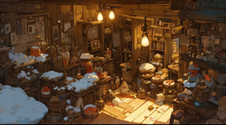 Delicious looking cake shop, Firelight, warm-looking room, warm colors, lively, open ceiling, circular room, firelight, candies, antique cookie tins, popcorn, inside an American retro sweets shop, inside, cherry pie colorful chocolate , inside a foreign sw...