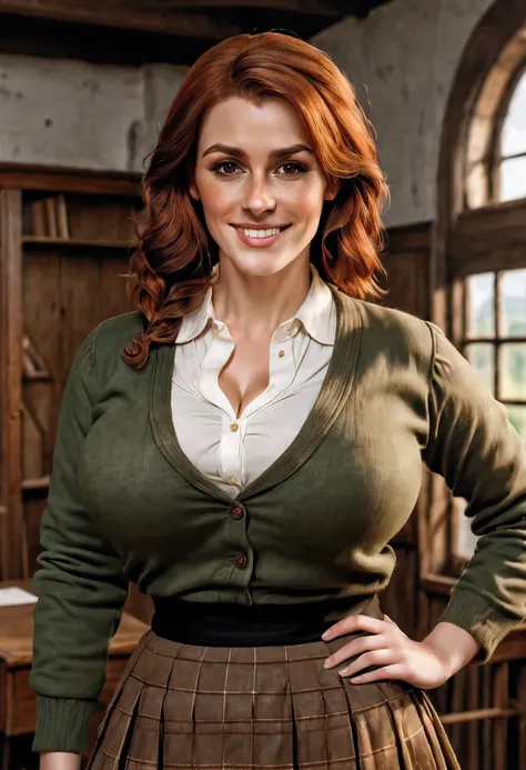 (photorealistic) a beautiful 30-year- old Scottish woman teaching in an old classroom, She has brownish-red hair, light skin and freckles. (black eyebrows:0.8), high cheekbones, (brown eyes), (downturned eyes). (smile:0.5), voluptuous, massive breasts, sag...