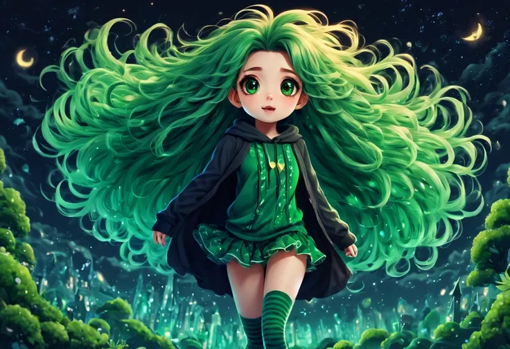 (best quality, highres), magical, green theme, (magical cute girl:1.2). with (((exaggerated hair, huge fluffy hair, expanded hair, exagerated voluminous hair))), green sweater with zentangle lines, details, (((horsehair, fluffy))), socks, shoes,