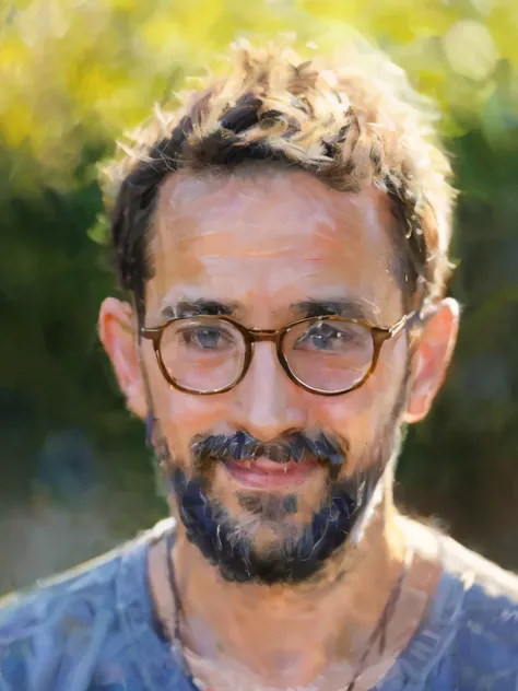 there is a man with glasses and a beard smiling for a picture, masterpiece on canvas in the style of Claude Monet, ClaudeMonet,A middle-aged brunette woman, ssmile, Extremely beautiful, Detailed landscape, Hyper-realistic, Elements of symbolism and surreal...