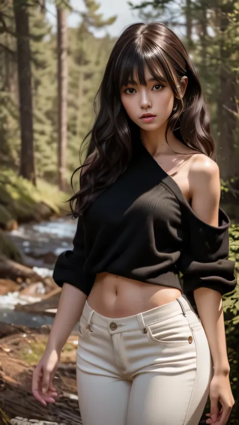 8k, best quality, masterpiece, highly detailed, semi realistic, a girl, 20 years old, long dark brown hair with bangs, curly hair, green eyes, (black Japanese style cut clothes), (white pants), (bare shoulders), details, feminine and sensuality figure, col...