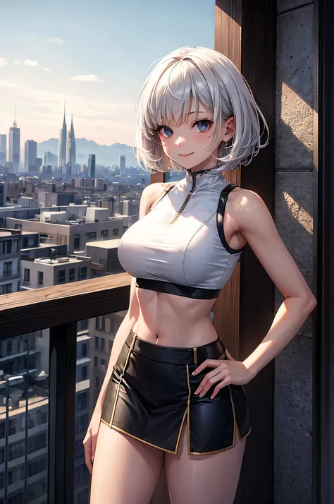 HDR , high quality ,ultra detail , city ,cute girl , standing , smile ,crop top , short slit skirt ,thigh ,nice view , soft light , medium tits , short white hair
