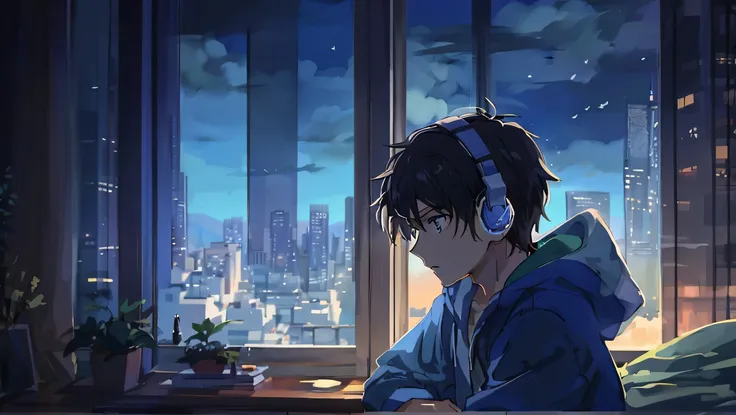 garoto de anime com fones de ouvido sentado em frente a uma janela, papel de parede de anime 4k, estilo anime 4k, papel de pared...