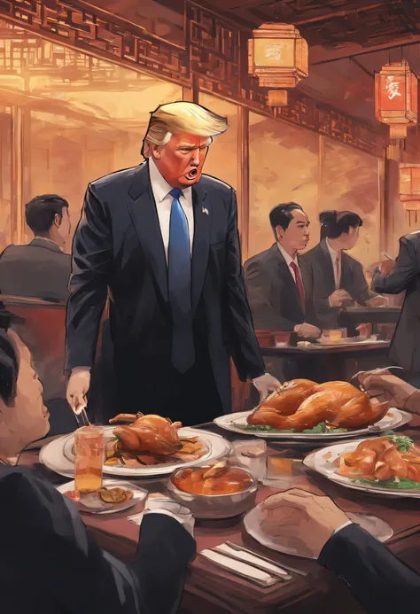 Donald Trump wears black suit and eats roast duck at Chinese restaurant,