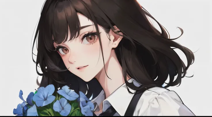 (((1 woman)))、(highest resolution、clear_image)、((holding a bouquet of nemophila))), (((white Y-shirt)))、best quality、((perm hair)), (((simple solid color background)))、contrast of light and shadow、((illumination))、very detailed、semi-realistic、brown short h...