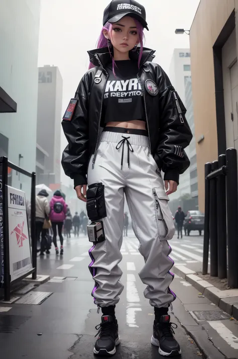 8K, RAW photos, Best quality, Masterpiece: 1.2),(best qualtiy，8K, Yes，32K，masterpiece，hyper HD：1.2) , 20 years old, arafed woman taking a picture of herself in a mirror, cargo pants. cyberpunk city, 2 0 2 0 fashion, cargo pants, cyberpunk streetwear, baggy...