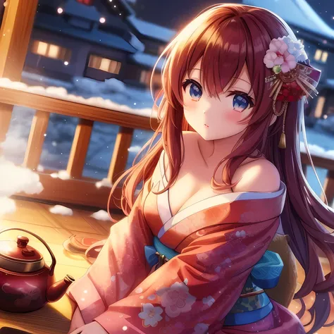 Anime girl in kimono sitting on deck with teapot, anime style 4k, beautiful anime girl, cute anime girl, seductive anime girl, anime wallpaper 4k, anime wallpaper 4k, Anime Art Wallpaper 4k, Anime Art Wallpaper 4k, anime girl desktop background, 4k anime w...