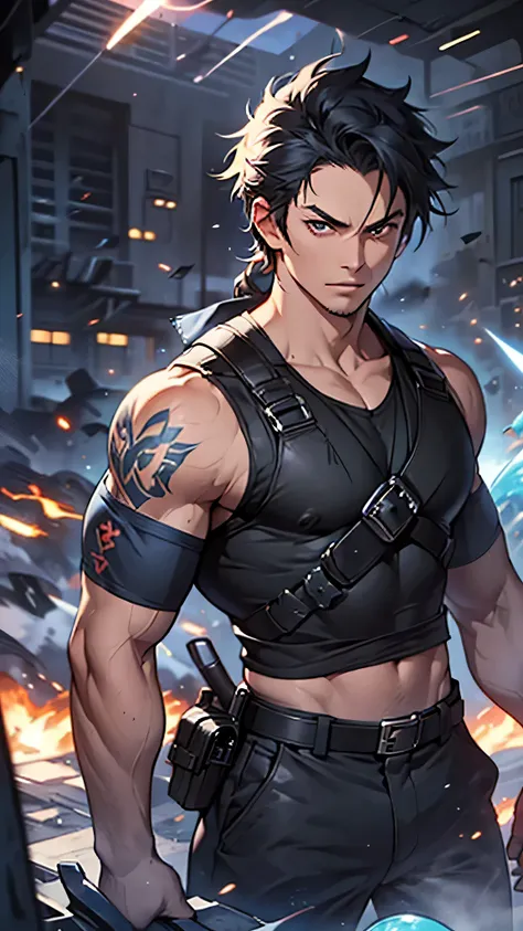 最high quality、best image quality、masterpiece、male person((25 years old、 muscular、Black Short Sleeve T-Shirt、black long pants、black haired、発光するeye、shout、eye、Kiai Pose、Hold a Japanese sword、bulletproof vest)）high quality、beautiful art、With background((Tatter...