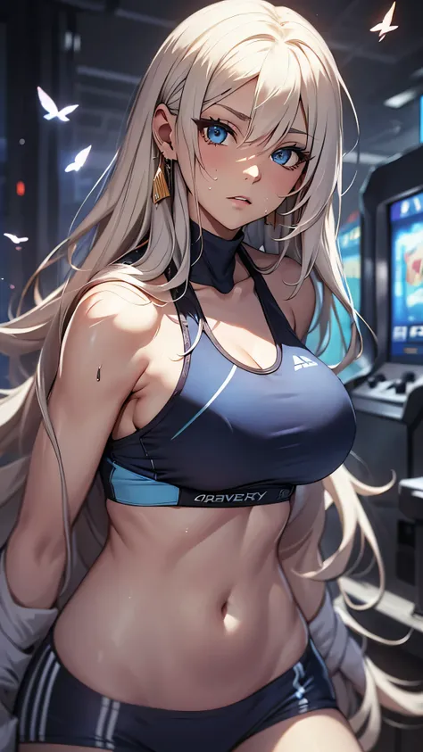 最high quality、best image quality、masterpiece、teenage girl((20-year-old、 By becoming、vest bust、medium bust,wide open breast tea、black eye, blonde hair、long hair、thin,highest valley、blue sports bra(1:2)、Blue sports pants、sweating、scattering of sweat、Flushed ...