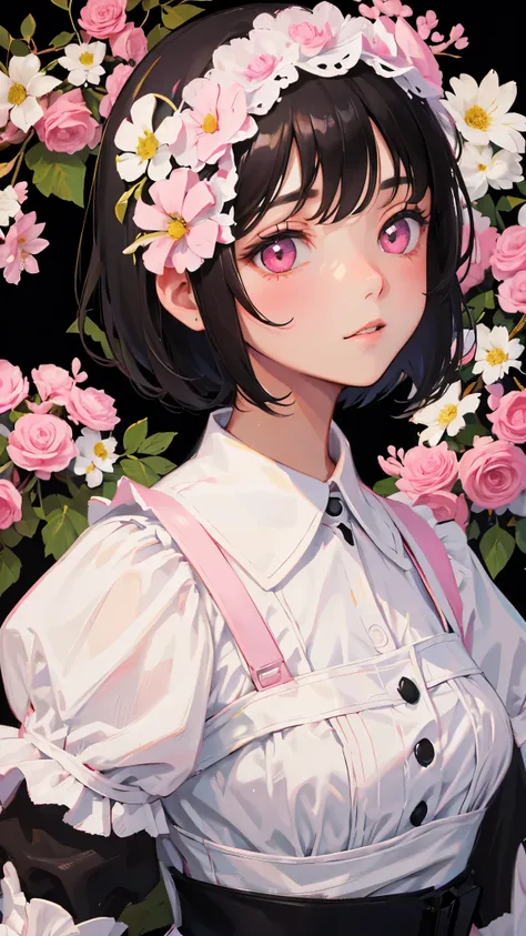 Cute maid portrait, short black hair, pink eyes, white flower background. Portrait of maid girl. Closeup on face, face shot.