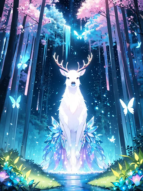 A mystical and enchanted forest, with luminous flowers, multicolored neon butterflies, crystal clear water that flows from a waterfall, beautiful trees, (((unique view with extremely vivid multicolors without any people))), in the background of the scene a...