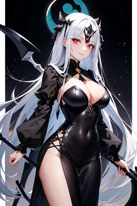 （high quality、masterpiece、detailed、normal body）（（A beautiful girl with a death scythe in her right hand:1.4、Executioners、grim Reaper、She has silver hair that is dyed black towards the tips.、Golden eyes emit a mysterious light））、Wearing a white mysterious r...