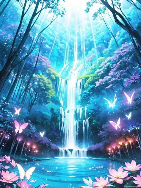 a mystical and enchanted forest, with luminous flowers, multicolored neon butterflies, crystal clear water that flows from a wat...