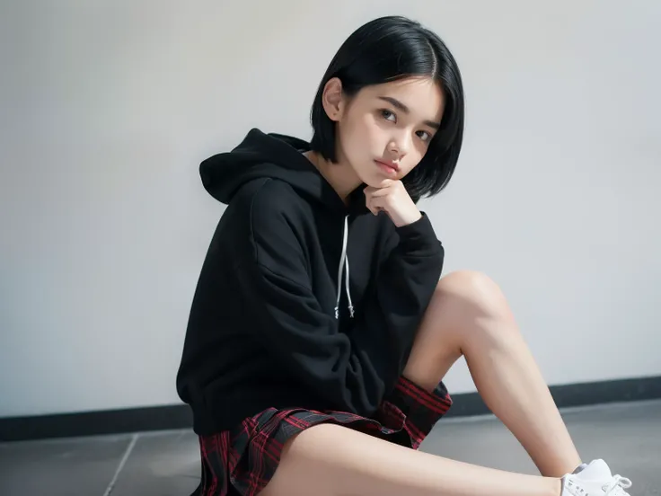 sit upright with one knee up，hand between legs，young，(plaid pleated skirt)，flat chest，black short sleeve t-shirt，hoodie，student，teenage girl，black haired，delicate and body，in house