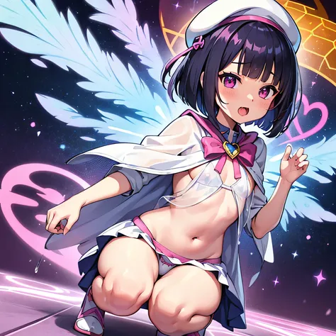 super girl elementary school student praying, masterpiece, highest quality, abstract, psychedelic, neon, (honeycomb pattern), (creative:1.3), fantasy 00d、 black hair、bob cut with trimmed ends、flat chest、lolicon、belly button、white cloak with pink pattern、Po...