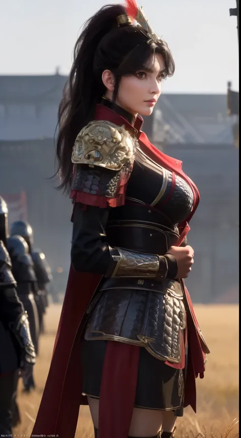 standing in front of a group of people in armor standing in a field with flags in the background,a line of Red flags and a building,
Red outfit,Shoulder_armor,armor,armoRed dress, armoRed boots,Red_cape,High_collar,She has a helmet on her head,
Keep_arms,s...