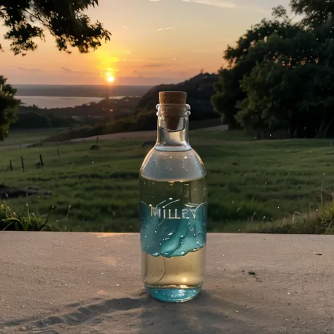 Nature, a girl sits on the grass at sunset drinks water from a 0.5 bottle and in the bottle there is the inscription MILLIY,