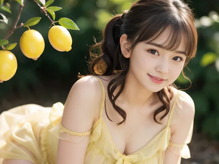 adorable, 14,,  Japanese , (lemon colored sheer_dress, See-through:1.2),  curly hair, hair scrunchie, twin tails, (Suggestive:1), (smile:0.8),    (very fine skin:1),   (highest quality:1.0), (ultra high resolution:1.0) ,(photo-realistic:1), (super detailed...