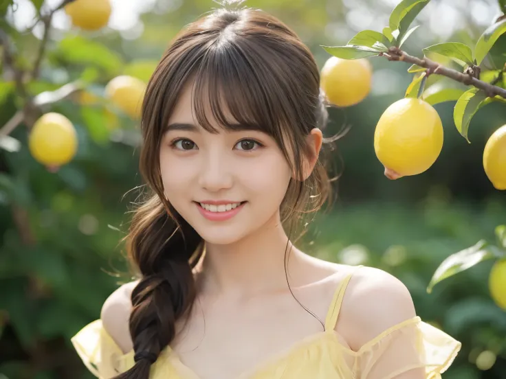 adorable, 14,,  Japanese , (lemon colored sheer_dress, See-through:1.2),  curly hair, hair scrunchie, twin tails, (Suggestive:1), (smile:0.8),    (very fine skin:1),   (highest quality:1.0), (ultra high resolution:1.0) ,(photo-realistic:1), (super detailed...