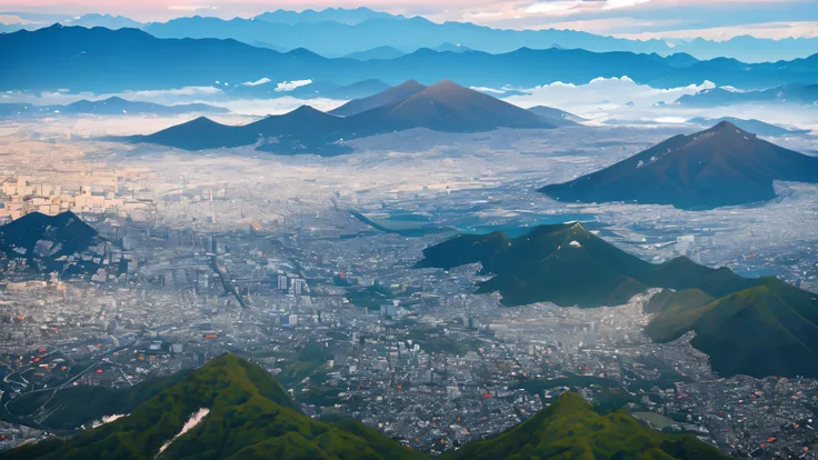 Landscape, Landscape viewed from mountain top, Japan, detail, realistic, ultra realistic, 8k uhd, DSLR, soft lighting, high quality, film grain, Fujifilm XT3, (Masterpiece) <la:add_detail:1, master piece , best quality , detailed , ((background only))

