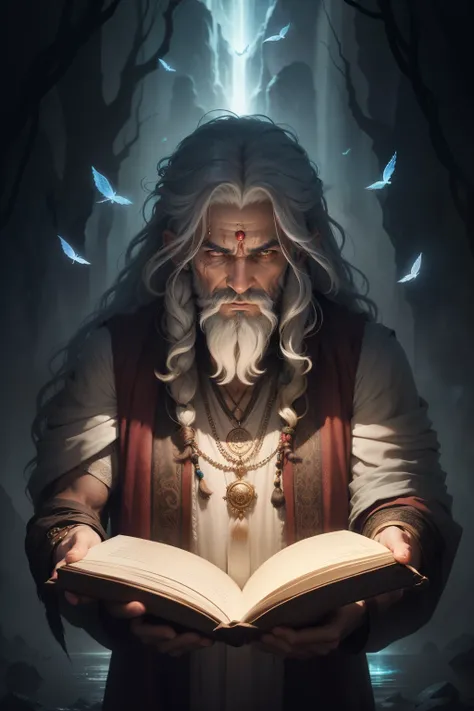 A mystical Aghori figure emerges, his long, matted hair cascading down his weathered face, as he stands at the edge of a breathtaking waterfall. In one hand, he holds a sacred book, its pages worn with the wisdom of ages, while the other hand grasps a glea...