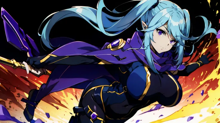 An anime woman in a blue dress has a spear in her hand, 1 girl, alone, chest, purple eyes, pointed ears, twin tails, smile,Side view,whole body,throw, large chest, long hair, Purple scarf, white background, looking at the viewer,twin tails, purple eyes, li...