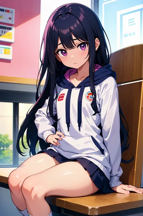 Inside the hamburger shop　elementary school girl　8-year-old　flat chest　black hair　long hair　eyes are purple　（（1 person））　Hooded hoodie with upper body pink　Lower body navy blue miniskirt　white panties　white socks　sports boots　daytime　There&#39;s a hamburge...