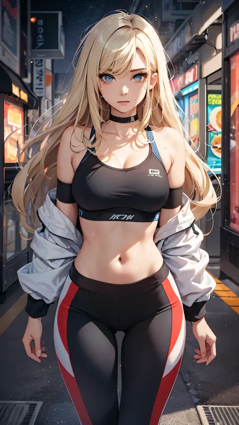 最high quality、best image quality、masterpiece、teenage girl((20-year-old、 By becoming、vest bust、medium bust,wide open breast tea、shining eyes, blonde hair、long hair、thin,highest valley、blue sports bra(1:2)、Blue sports pants、sweating、scattering of sweat、Flush...