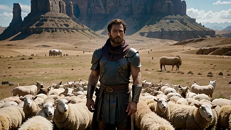 imagem de um homem parado na frente de um rebanho de ovelhas, biblical epic film, captura de tela de um filme, efeitos visuais impressionantes, screenshot of youtube video, still from a live action film, ainda de um filme de fantasia, cena do filme live-ac...